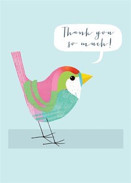 A gorgeous thank you card featuring a colourful bird and lovely lettering against a soft blue background.