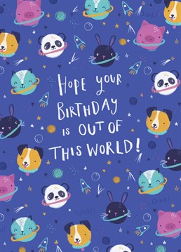 Send out of this world celebrations to your friends and family with this cute space card featuring animal planets!