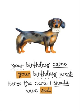 Your birthday came, your birthday went. Here's the Birthday Belated card I should have sent. We all forget birthdays sometimes, luckily there's just the Birthday Belated card for it! From Hot Dog greetings.