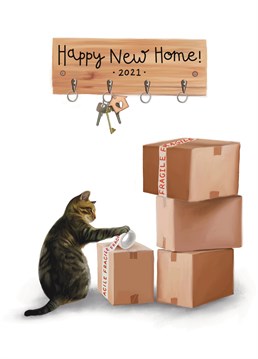 Know someone who has moved? Send them a smile with this mischievous cat new home card. From Hot Dog greetings.
