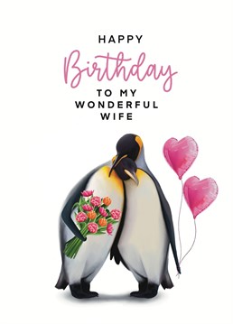 Happy birthday to my wonderful wife penguin card. Designed by Hot Dog Greetings.
