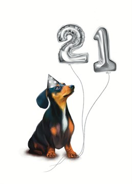 Celebrate that 21st Birthday witt this adorable dachshund 21st birthday card. Designed By Hot Dog Greetings.