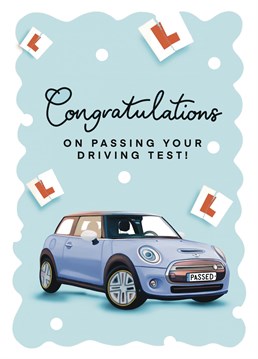 Congratulations, you did it! Celebrate passing your driving test with this blue mini inspired card. Designed by Hot Dog greetings.