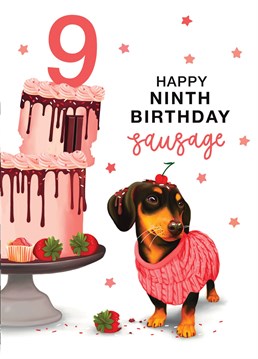 Happy 9th Birthday sausage! Celebrate with this cheeky Dachshund 9th Birthday Card. Designed by Hot Dog greetings.