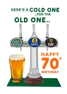 Make them laugh with this Beer pump pub inspired 70th Birthday Card. Designed by Hot Dog greetings.