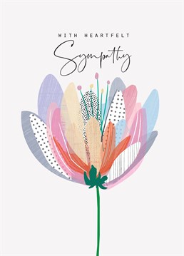 Treat your loved one to a beautifully designed sympathy card, offering your heartfelt condolences to a close friend or relative. Featuring an stylised elegant flower on a pale background.