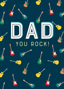 Treat your rock and roll Dad to the perfect Fathers Day card, featuring a collection of guitars on a dark background.