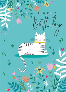 Perfect for any cat lover, this Happy Birthday design features a relaxing cat on a subtle floral background.