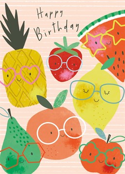 Treat your loved ones to this tutti-fruity Happy Birthday Card, featuring a cute collection of spectacle wearing fruits.