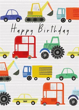 Treat your vehicle-loving friend or relative to a transport-inspired Happy Birthday card, featuring a bright collection of cars, tractors, lorries and buses.