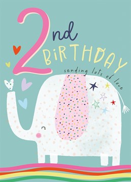 Treat your animal loving little one to the perfect Happy 2nd Birthday card. Featuring a cute Elephant blowing a love heart out of its trunk.