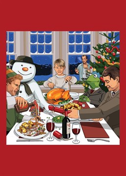 Various iconic Christmas film characters having Christmas dinner together whilst John McClane solemnly watches through the window, as requested by Benjamin Allen. Jim'll Paint It design by Lesser Spotted Images.