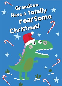 Send Christmas wishes to a special grandson with this fun and colourful dinosaur inspired Christmas card!