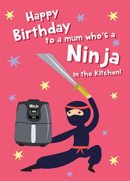 Send birthday wishes and giggles to a special mum with this colourful Ninja themed card!