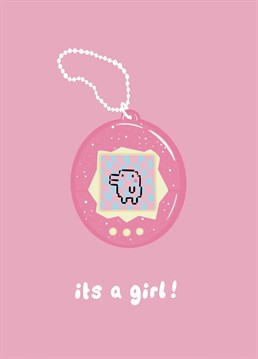 The retro vibes on this cute tamagotchi new baby girl card are too much! Perfect for late 80s and 90s babies who remember their digital pets all too well. Babies are much harder than tamagotchis, it is no lie, but its fun to add a touch of humour to an otherwise incredibly overwhelming situation!