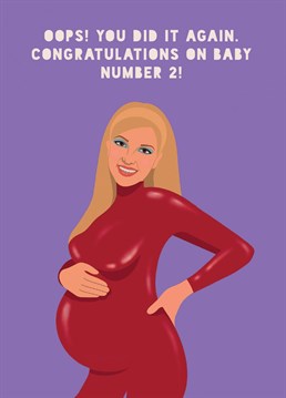 This Britney Spears New Baby Twins Expectiing Pregnancy Card is perfect for Spears fans everywhere. Featuring an illustration of the Queen of Pop herself in one of her most iconic outfits - the red PVC number from Oops! I Did It Again, this card is perfect for celebrating expectant mother's as they enter this next phase of their lives
