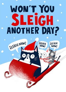 East 17, watch out! This stay now sleigh now card featuring three adorable cute cats on a sledge is here to rival your chart-topping Christmas song. Won't you sleigh - sorry stay - another day!? STAY NOW! This Christmas card is ideal for those who love a Christmas banger, a cheesy Christmas tune, a wondrous delight to the ears.