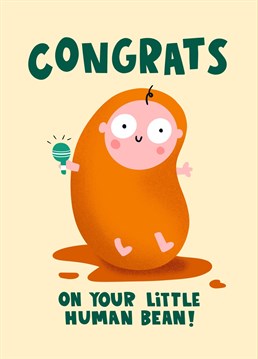 This funny new baby card features a baby dressed as a baked bean, complete with a rattle and bean juice! It's cute and quirky, perfect for celebrating new human beans and new families.