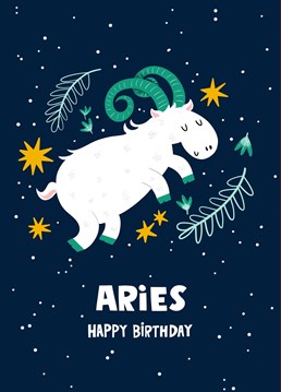 Calling all astrologers - this birthday card celebrates the Aries season with a gorgeous, driven and dare we say, fiery ram just like your Aries best friend. Surrounded by stars and plants, perfect for Zodiac lovers.