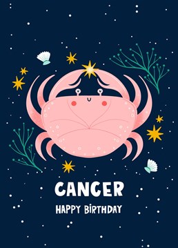 Calling all astrologers - this birthday celebrates Cancer season. Featuring a nurturing, loving and sensitive crab surrounded by ocean plants and stars. We love this Zodiac star sign card.