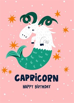 Calling all astrologers this birthday card commemorating the Capricorn season features the essential, contented goat, complete with long, winding horns and mermaid tail to finish the look