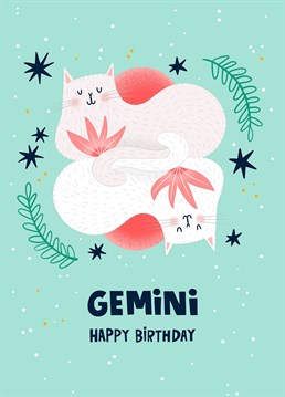 Calling all astrologers, this birthday card celebrates the Gemini season and features twin cats who are charismatic, smart, extroverted and witty by nature, just like your Gemini best friend.