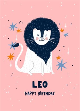 Calling all astrologers, this birthday card celebrates the Leo season. Featuring a confident, loyal and ambitious Lion surrounded by stars and plants on a pink background, perfect for your best friend.