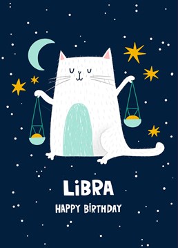 Calling all astrologers, this Zodiac birthday card celebrates the Libra season and features a beautiful white cat holding balancing scales, to show how Libra's fixate on balance and harmony.