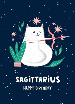 Calling all astrologers, this sweet birthday card celebrates the Sagittarius season and features a beautiful illustrated white cat, surrounded by leafy green plants and vegetation, as well as cute handdrawn stars. It is the perfect birthday card for your Sagittarius, cat loving bestie.