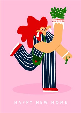 This minimal illustrated greeting card uses playful shapes to create an interesting composition of a woman holding a plant and a set of keys - she's just moved into her new home! Perfect for sending congratulations to the new home owners in your life.