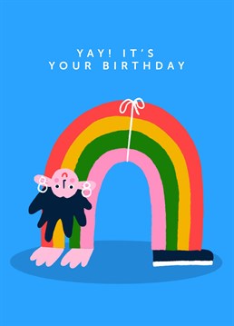 Yay! It's that special someone's birthday! Send them your well wishes with this quirky birthday card, featuring a person wearing a rainbow jumpsuit, arched backwards into a crab position, and the text 'Yay! It's Your Birthday!'