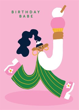 This illustrated minimal birthday card is perfect for that birthday babe in your life. Featuring an illustrated image of a girl holding a larger than life ice cream and some funky floral platform shoes.