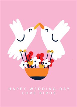 This cute minimal illustrated wedding card features two white love birds holding a basket of colourful flowers to wish the happy couple congratulations on their wedding day.