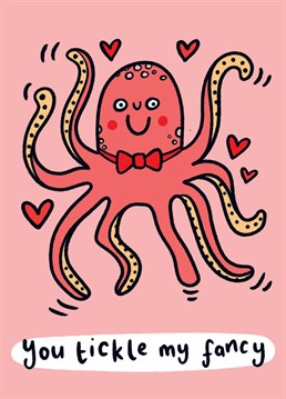 This cute octopus tentacle card has been designed for Valentine's day as a cheeky way of sending love. Featuring a smiling octopus and the text 'you tickle my fancy', this pun card is great for lovers of the deep blue sea and all things ocean!