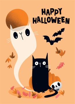 This card features a pale orange autumnal scene wishing the addressee a "Happy Halloween" in a crooked black font. This holiday card is perfect for the spooky season, and features a sweet cartoon skull, pumpkin, bat silhouettes, full moon cast in an orange light, a medley of orange, brown and coral pink leaves, and a black cat looking terrified at the sight of his own ghost. Black cats might be unlucky for some, but definitely not for us!