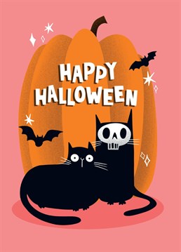 Michael Myers? Freddy Kreuger? Ghostface? Eat your heart out - this has to be the better Halloween mask! Pink holiday card featuring a massive sparkling orange pumpkin and two black cats in spooky skeleton masks, complete with black bat silhouettes and the phrase "Happy Halloween" in white overlooking the scene.
