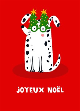 How adorable is this little white spotted dog in Christmas tree Christmas glasses? All dolled up and ready for the Christmas Party! Send a smile this festive season with this humorous animal card.