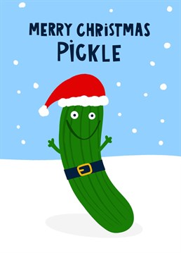 This funny card features a gherkin wearing a santa hat against a snowy backdrop, perfect for the pickle lover in your life.