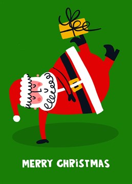 We love this cute dancing Santa Claus Christmas card. This one features a smiling Father Christmas pulling his best break dance move, holing up a stack of Christmas presents on his little black shiny shoes.