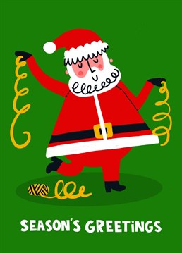 We love this cute dancing Santa Claus Christmas card. This one features a smiling Father Christmas holding up Christmas ribbon to wrap presents for all the deserving children and adults alike!