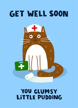This funny card featuring a nurse cat with a first aid kit is a great way of sending well wishes to that friend whose had an accident and needs some get well encouragement whilst they get on the mend.