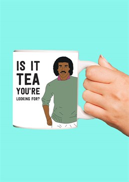 Hello? A must have punny mug design to make any tea lover smile, approved by Lionel Richie himself. This 11oz white ceramic mug is 9cm tall, 11cm wide (including handle) and 8cm diameter. We recommend hand wash only. Please note this product is made to order and is non-returnable.<p>Cards and gifts are sent separately. View our Delivery page for more details on Gift processing and delivery times.</p>