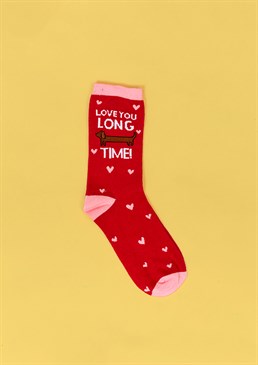 Cute socks with a little sausage dog motif.  Great gifts to express your true &lsquo;long time' love.  Made from: 77% cotton, 22% polyamide, 1% elastane.  Unisex size 6-11. Don't say it with flowers this year&hellip; be original and declare your love in these Scribbler exclusive socks, an ideal gift for that special person in your life that has everything apart from these socks!