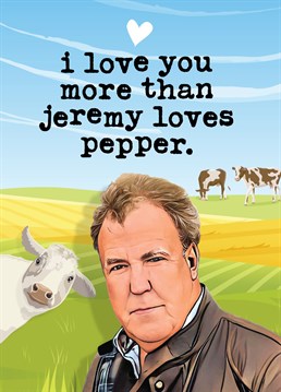 Let that someone special know how much you mean to them with this funny card inspired by the hit TV reality show 'Clarkson's Farm' featuring Jeremy Clarkson and Pepper the cow.  Designed by Mrs Best Paper Co.