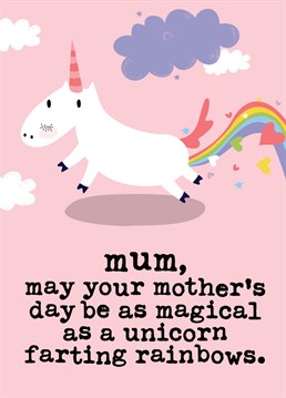 Wish Mum magical Mother's Day wishes with this fun and colourful card featuring a Unicorn farting rainbows! It's guaranteed to make Mum's day! Designed by Mrs Best Paper Co.