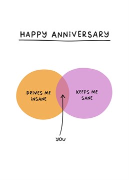 Does your partner both drive you insane and keeps you sane? You can't live with them but you also can't live without them! Send them some love on your anniversary with this funny card! Lovingly created by Sydney Jo Designs.