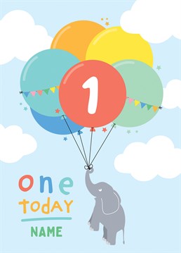 Wish a special little boy or girl a happy 1st birthday, with this personalised colourful card featuring an adventuring elephant and a big bunch of balloons. Designed by Macie Dot Doodles.