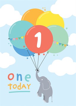 Wish a special little boy or girl a happy 1st birthday, with this personalised colourful card featuring an adventuring elephant and a big bunch of balloons. Designed by Macie Dot Doodles.