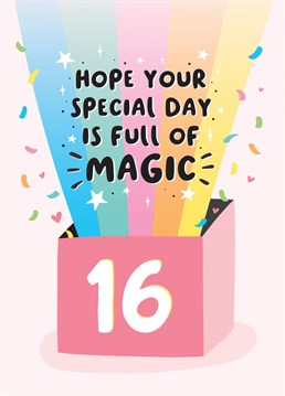 A burst of rainbow and pop of confetti perfect for wishing a Niece, Daughter, Granddaughter, Sister, friend or any other special someone a happy 16th birthday. Designed by Macie Dot Doodles.