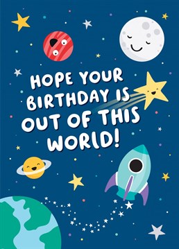 Wish a space mad fan an out of this world birthday, with this cute and fun card designed by Macie Dot Doodles.